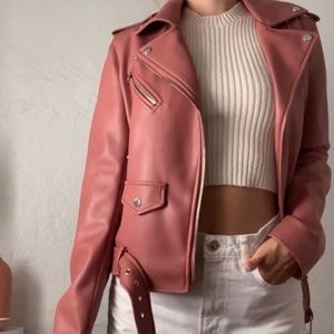 Zara Vegan Pink Leather Moto Jacket Women's Small